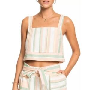Roxy Women's Crop Tank Top Medium Linen Cropped Pastel Striped Shirt